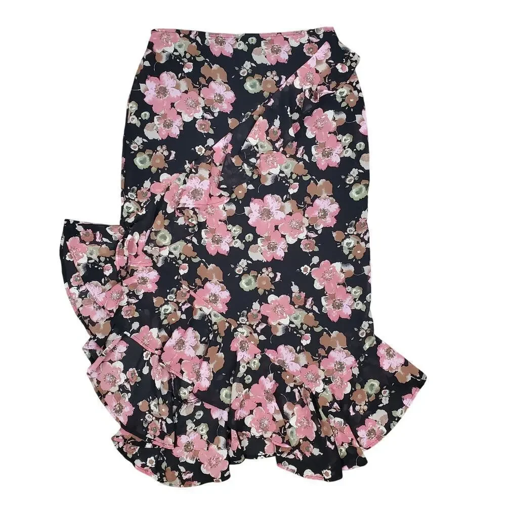 West of Melrose Pink Floral Ruffle Asymmetrical Skirt M Romantic Edgy Coquette